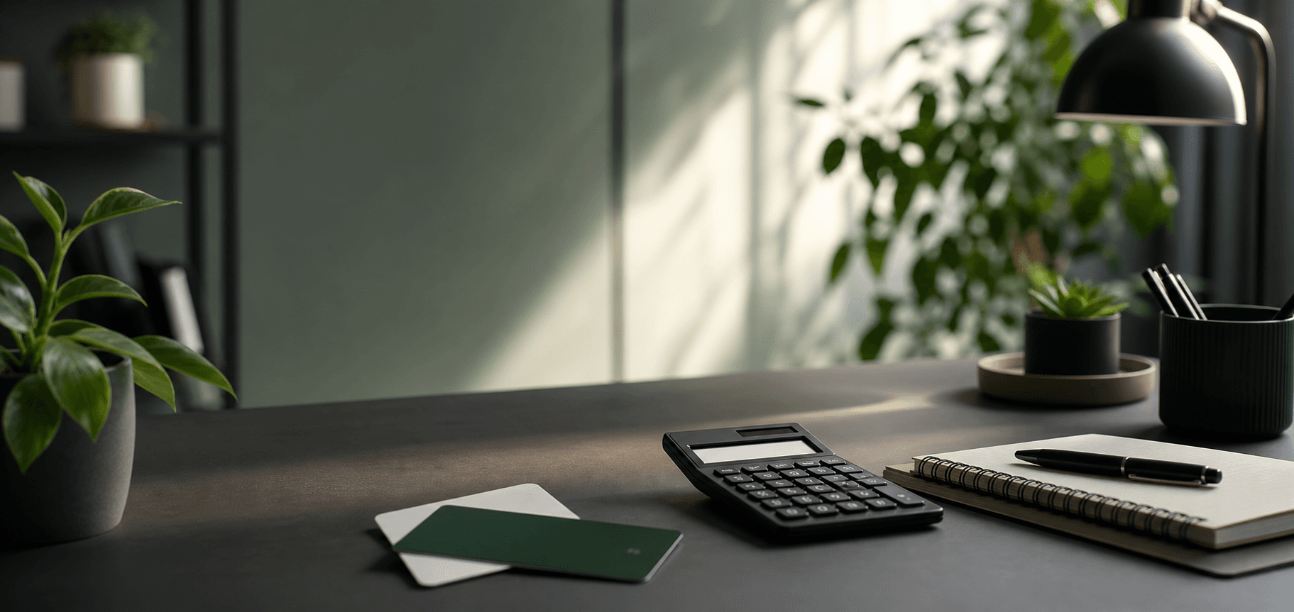 Mesa organizada com caderno, calculadora e elementos de planejamento financeiro